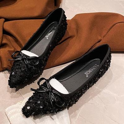 Flat Shoes for Women 2026 New Style Sparkling Sequins Exquisite Small Pointed Shallow Mouth Soft Sole Butterfly Bow Single Shoe