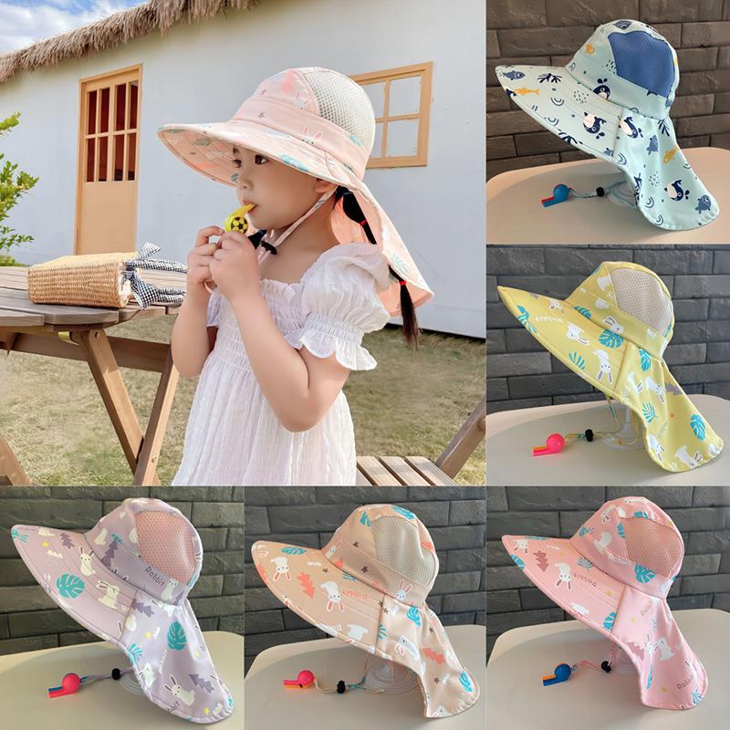 Anti Uv Kids Summer Baby Sun Hat Printed Whistle Shawl Hat For Girls Boys Outdoor Neck Ear Cover Beach Cap