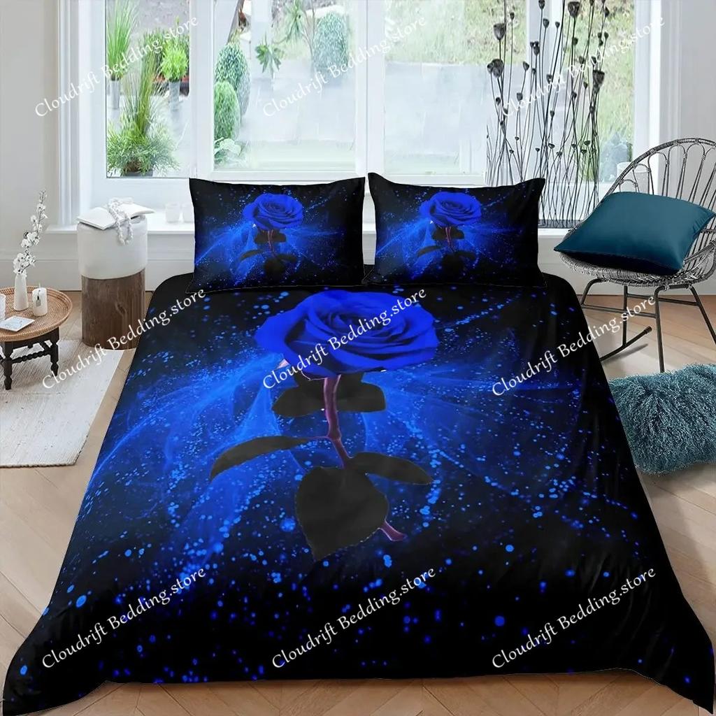 Juego de ropa de cama con diseño floral de rosas azules para niños y niñas, tamaño queen, funda nórdica y funda de almohada, moda para niños y adultos, textiles para el hogar