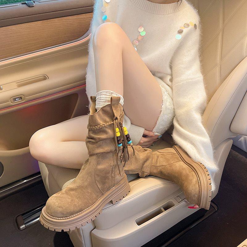 New 2025 Su Autumn and Winter Wasteland Beauty Merry Short Boots Rad Platform Martin Boots Pile Boots Women's Western Cowboy Boots