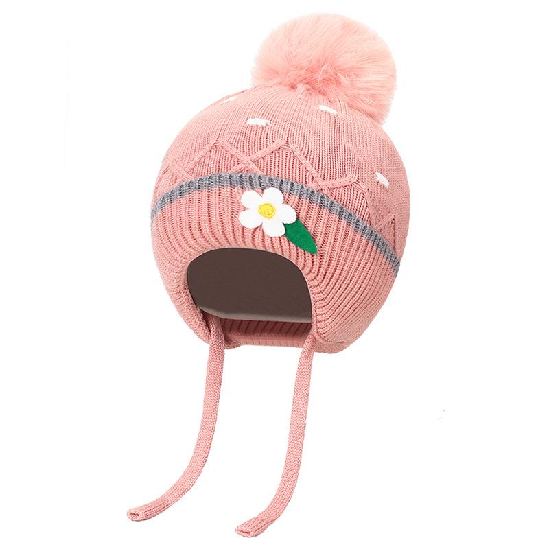 Bonnet en laine résistant au froid pour enfants, automne hiver, fille, épais et chaud, protection des oreilles, fleur, boule de cheveux, bonnet tricoté