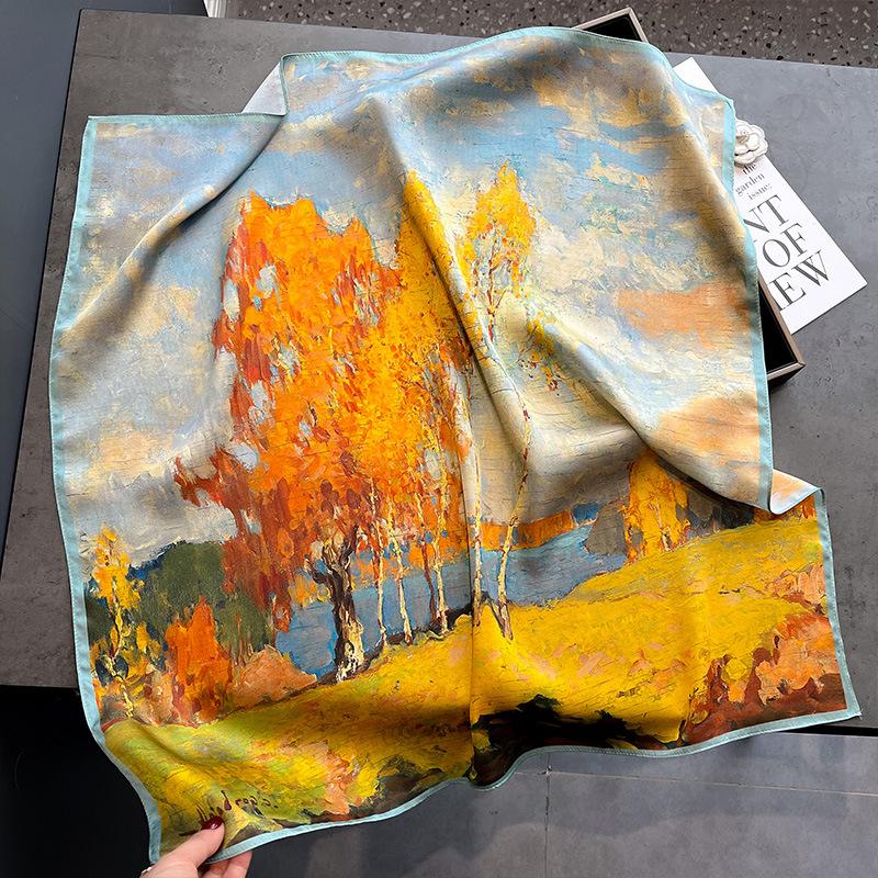 Hangzhou Silk Silk Scarf 111% Mulberry Silk Scarf Women's Green Oil Painting Shawl Size Square Scarf for Mother