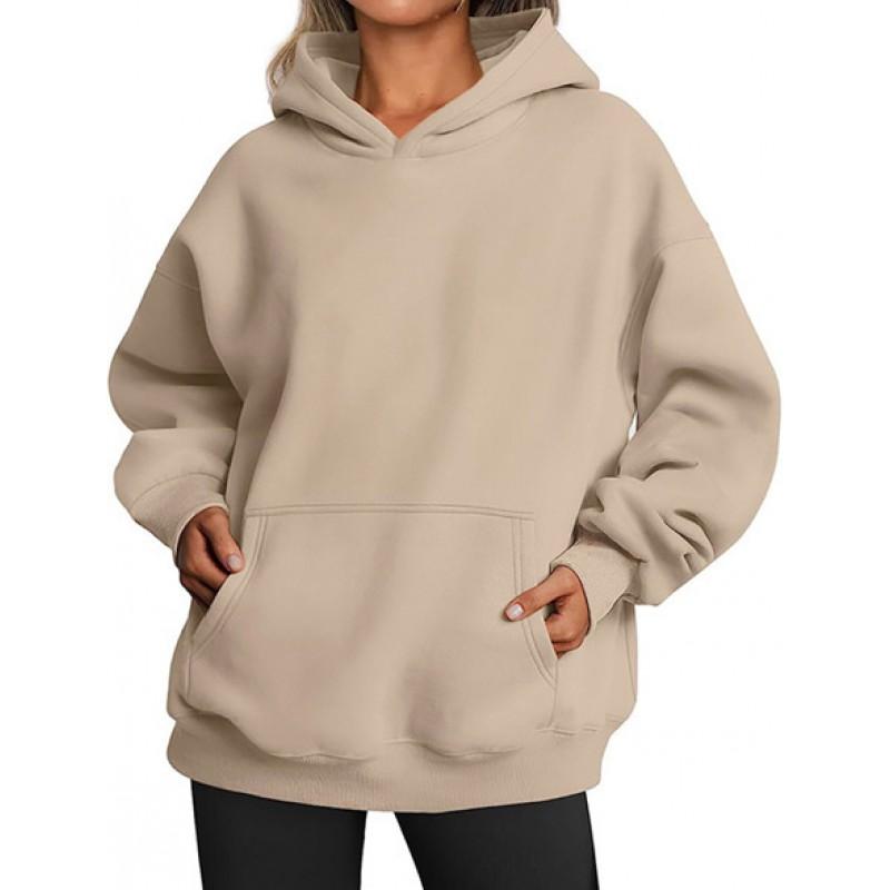 Womens Winter Solid Color Loose Hooded Long Sleeve Sweatshirt Casual Oversized Pullover Top