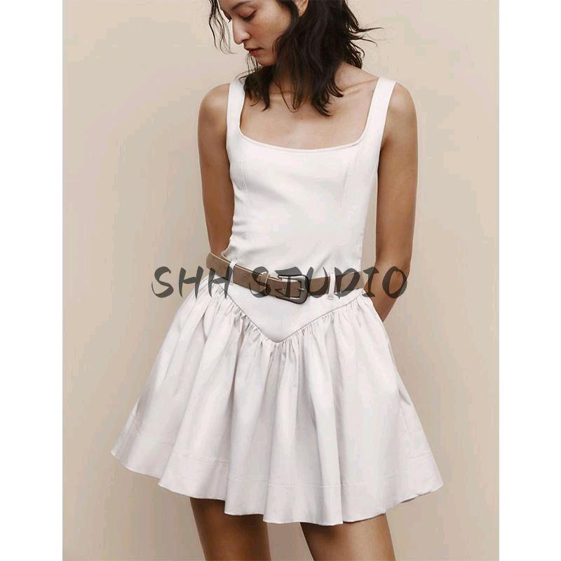 Spring New Women's Clothing American Pure Desire Style with Belt Silm Sleeveless Sling Short Dress 2180326
