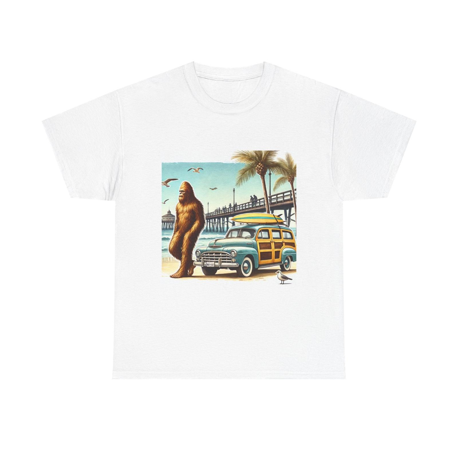 Bigfoot at the Beach T-Shirt Surfing Sasquatch Classic Woodie Wagon Cryptid Tee L