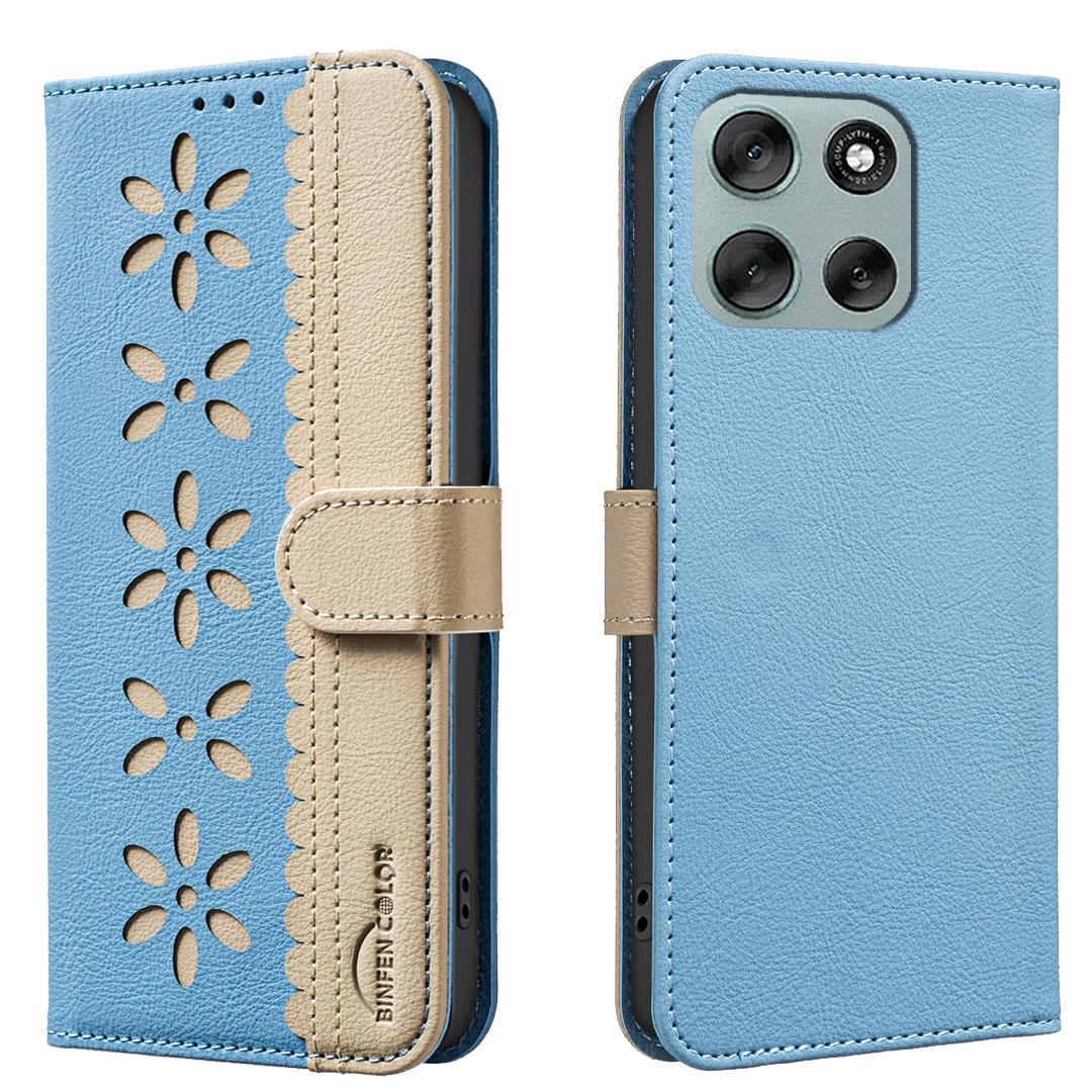 

For Motorola Moto G56 5G Leather Case BINFEN COLOR BF36 Floral Pattern Phone Cover RFID Blocking Wallet Stand Baby Blue