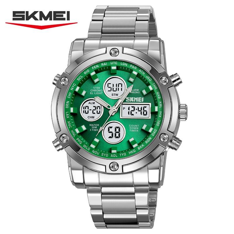 Dual Display Electronic Watch, Multi-function Steel Strap, Large Dial, Three-time Men's Waterproof Watch