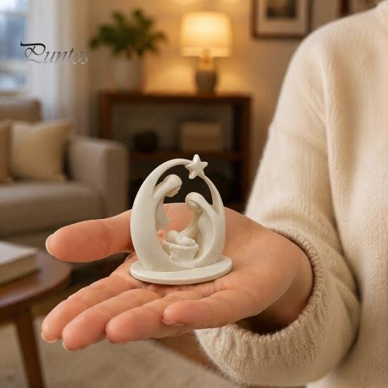 Fireplace Christmas Decor 3D Printed Holy Family Ornament, Abstract Crescent Sculpture with Matte White Home Ornament Star, Religious Desktop