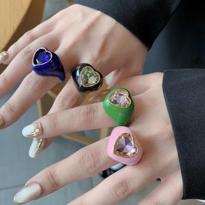 Bague Émail Cœur Pierre Précieuse Style Coréen Bague Couleur Unie Géométrique Couple