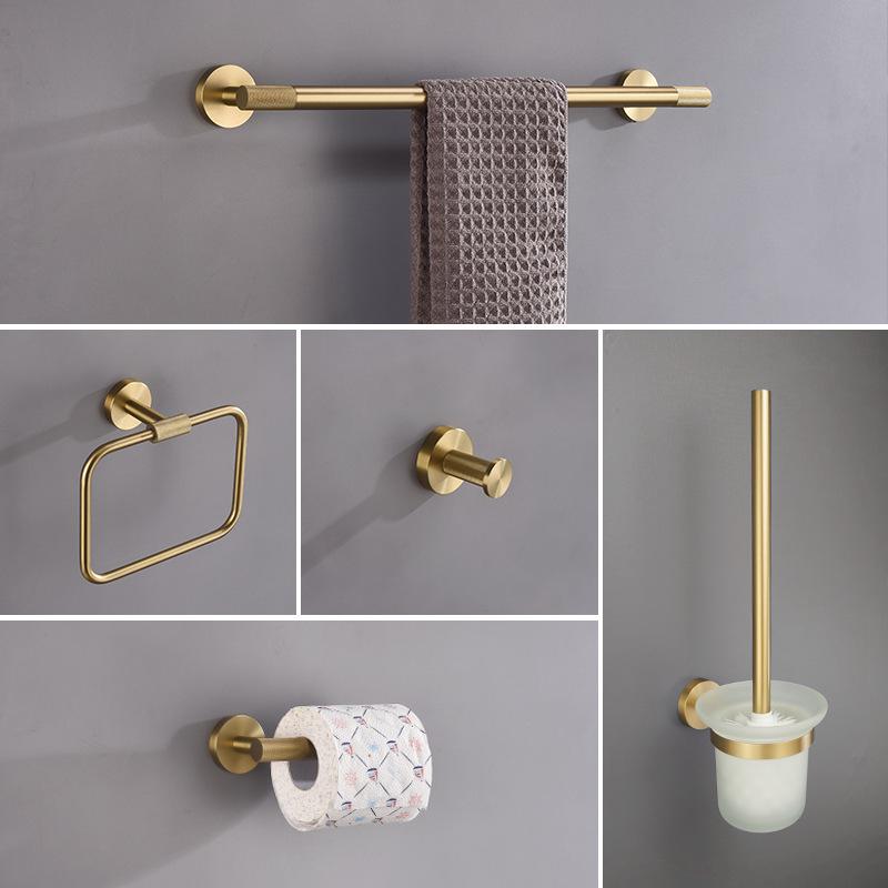 European Luxury Brass Bathroom Set: Knurled Towel Bar, Tissue Holder, Coat Hook, Toilet Brush, Soap Dispenser, Towel Ring.