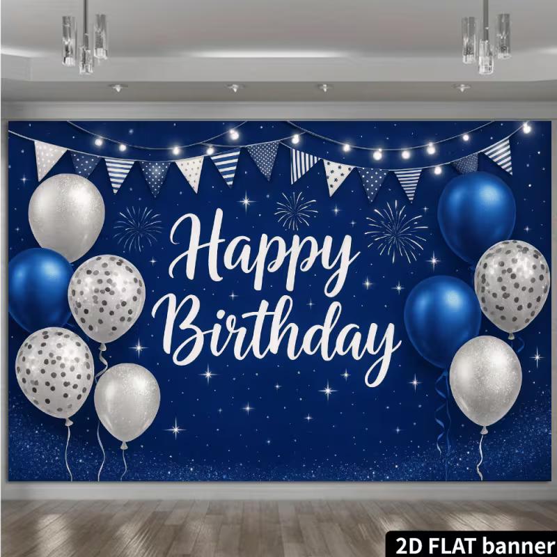 Sfondo 2D Blu Argento Scintillante Buon Compleanno per Feste di Ragazzi e Uomini