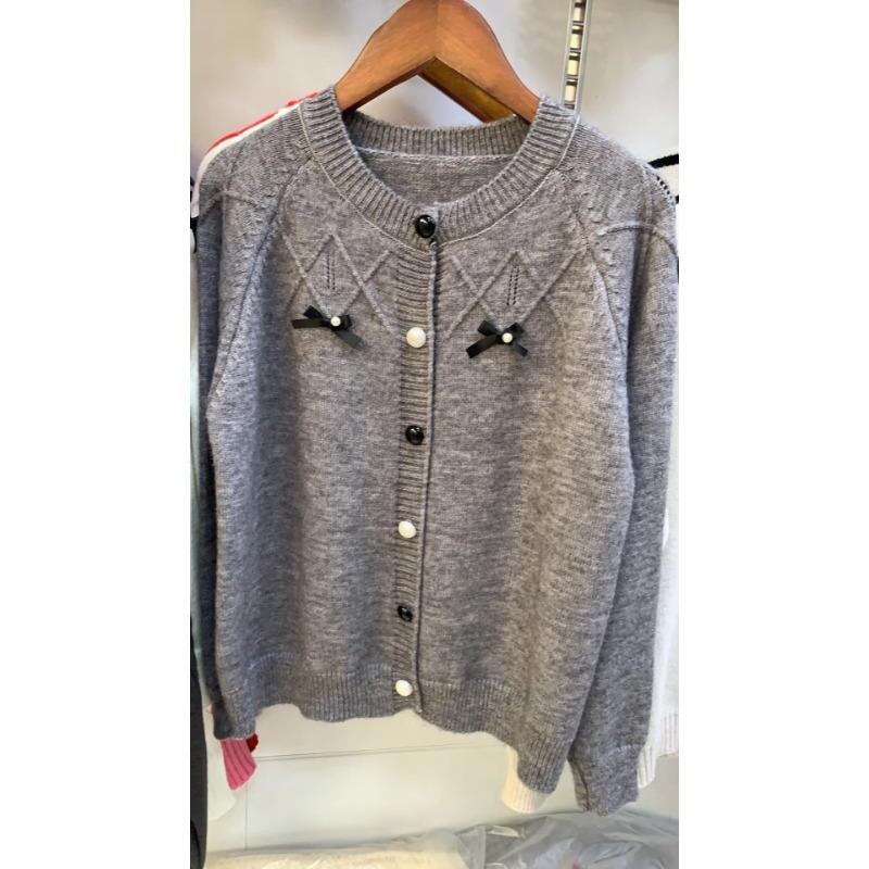 Women's Autumn and Winter Round Neck Pearl Bow Knitted Cardigan Jumper