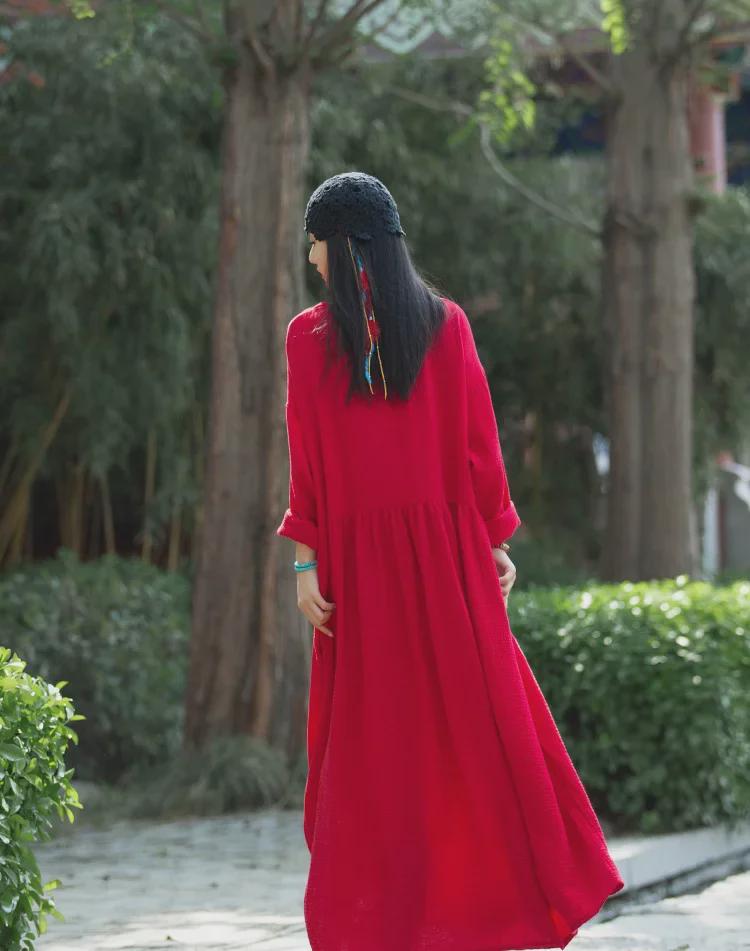 V-Neck Linen Double-Layer Swing Dress - Spring/Summer Retro Style