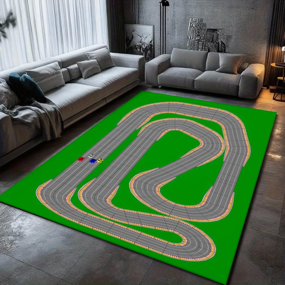 Race Track Pattern Carpet Green Racing Track Kids Play Mat Interactive Education Home Decor Soft Non-Slip Rug for Living Room