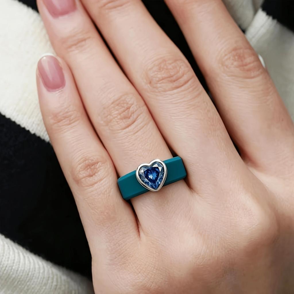 Blue Silicone Ring Heart Blue CZ, Soft Stretchable Band, Hypoallergenic Waterproof Sweatproof Jewelry for Women Daily Use