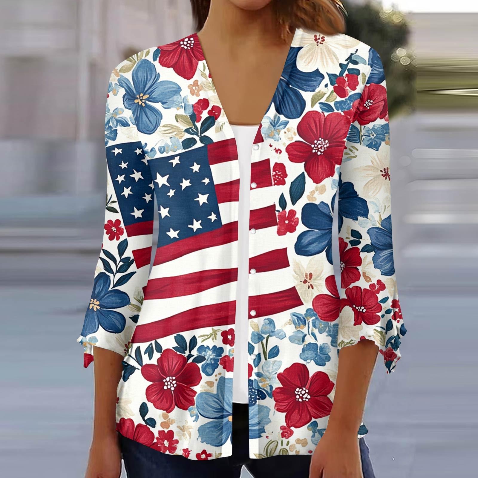 Women s Loose Casual Independence Day Printed Seven Sleeve Button Down Shirt Cardigan Top M винный
