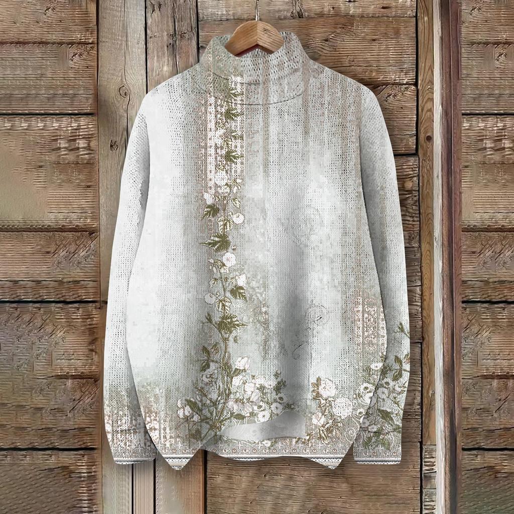 Women's Fashion Casual Long Sleeve Retro Printed Turtleneck Knit Top