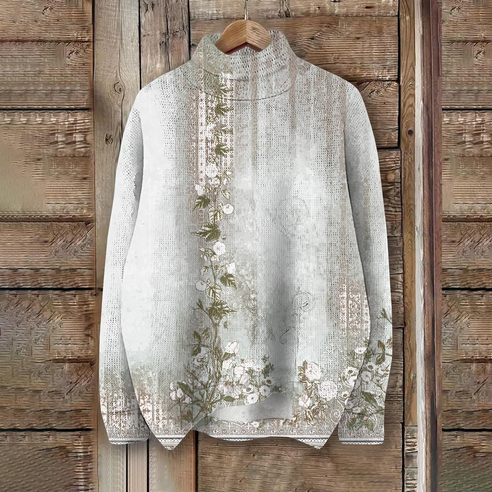 

Женский модный повседневный трикотажный топ с длинным рукавом, ретро-принтом и воротником-стойкой M белый