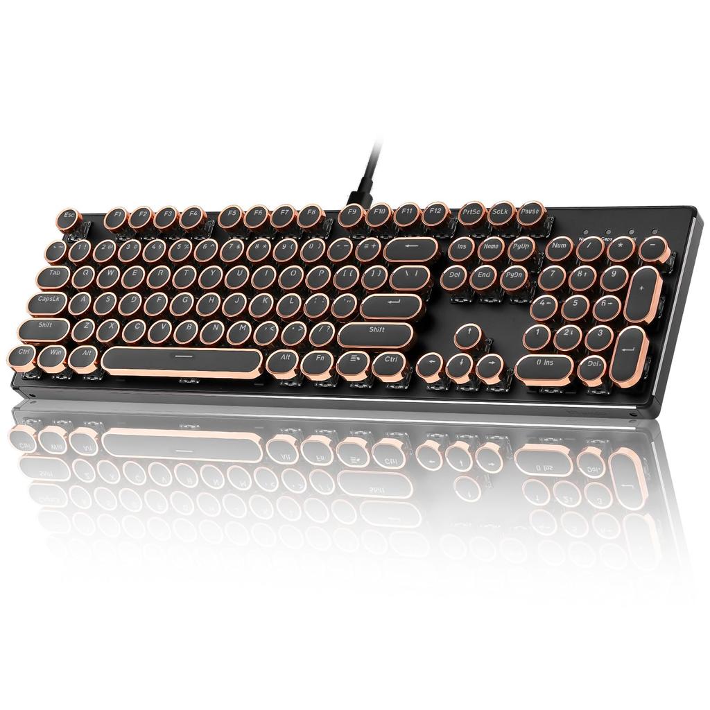 YUNZII QL108 Typewriter Mechanical Gaming RGB Metal Panel Round USB Wired Connection Onyx Keyboard, Full-Size, Hot-Swappable, Backlit, & Retro-Punk