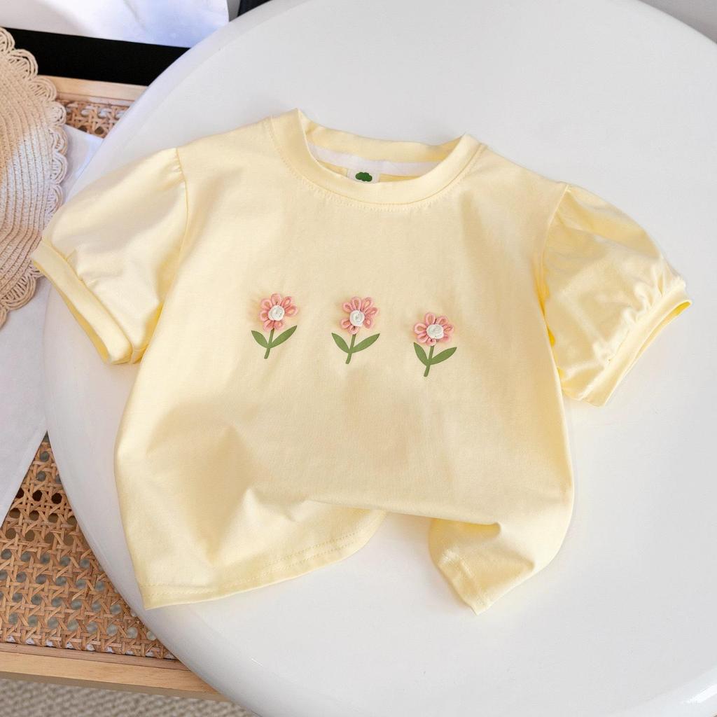 Korean Style Girls' Short-Sleeved Cotton T-Shirt with 3D Floral Design - Trendy Summer Children's Clothing