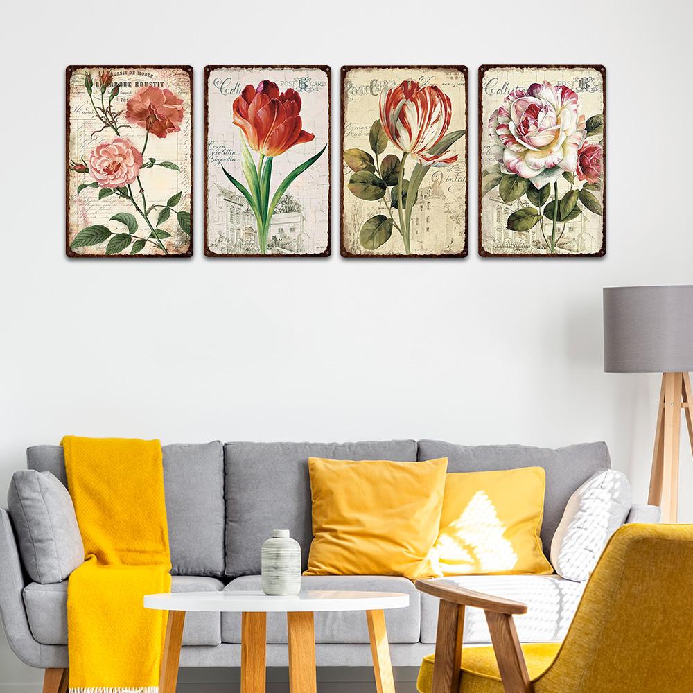 Flowers Metal Tin Sign Retro Plates Rose Peony Lavender Art Plaque Vintage Poster Garden Room Home Wall Decor Gift