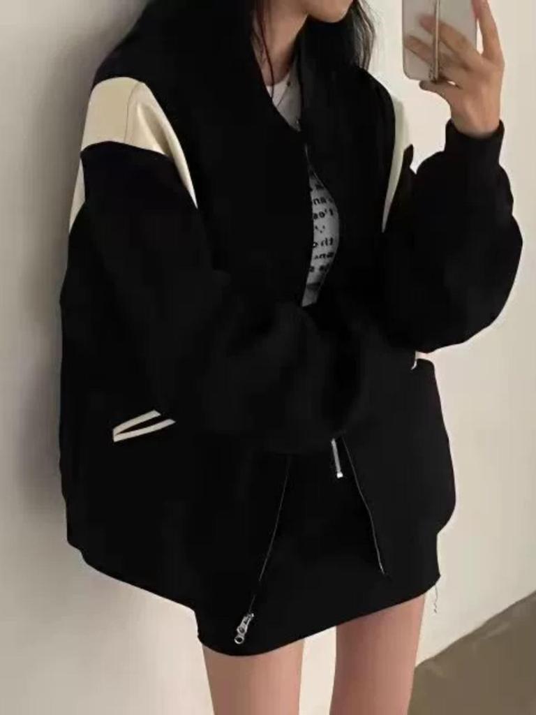 Women's Colorblock Baseball Cardigan: Retro Loose Sweatshirt Jacket, Fleece-Lined for Early Spring/Autumn, 2025 Collection