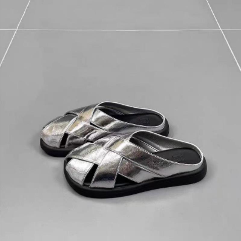 

Woven bag head half drag women summer wear new leather hollow cool slippers flat bottom bow slippers 40