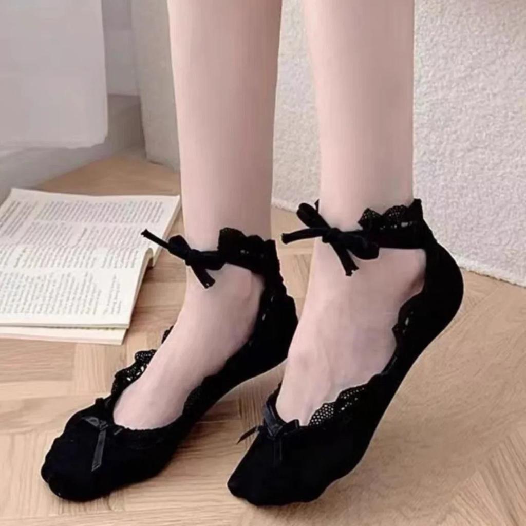Girl Lolita Modern Dance Latin Dance Socks Ballet Lace Tie Straps Boat Socks Bowknot Women Fishnet Slippers