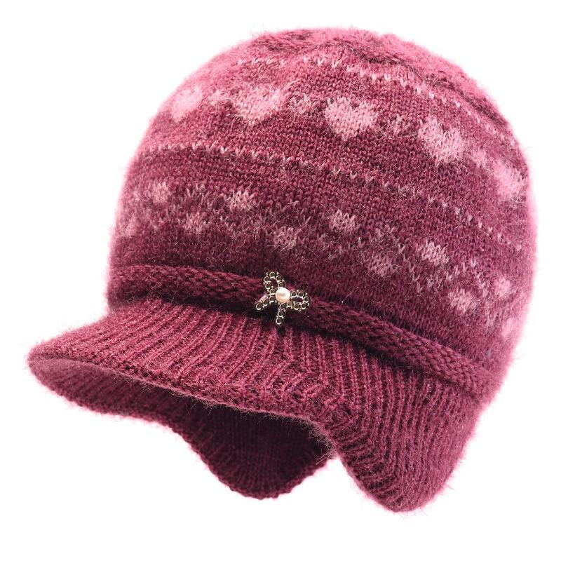 Winter Hat Female Old Lady Knitted Wool Hat Piled Thickened Warm and Cold Ear Hat