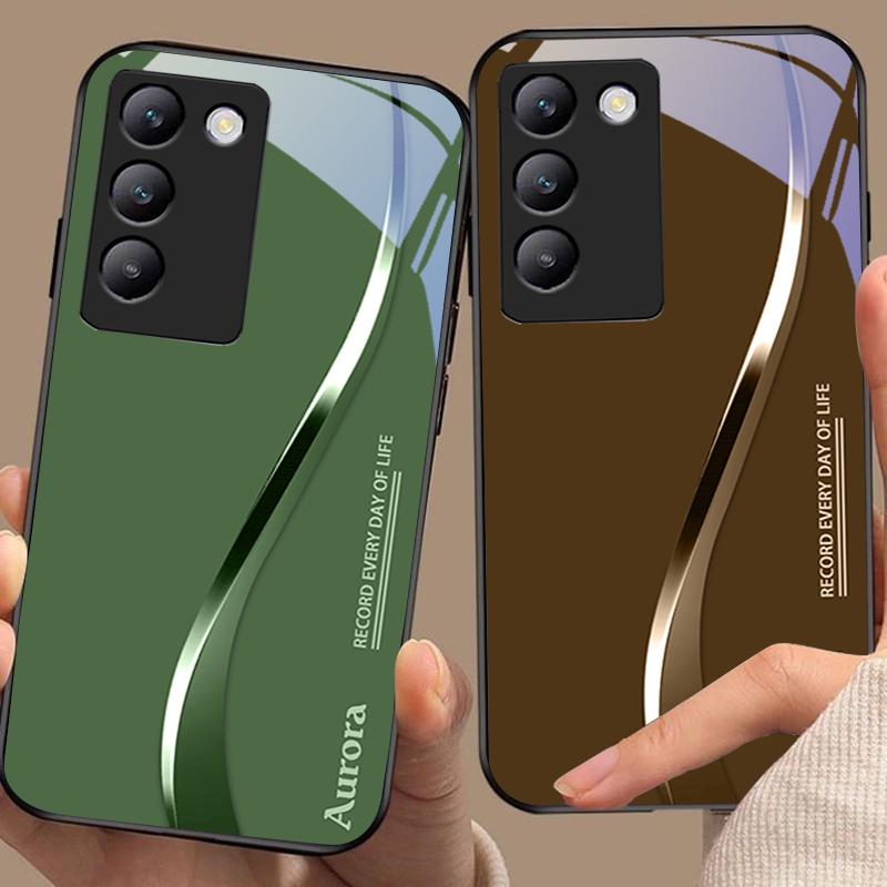 Zweifarbige Streifen für Y72 33S 11 03 36 96 Lite 35 16 Iqoo 12 V40 SE 5G 29 40 21 30 X80 Pro Vivo Handyhülle aus gehärtetem Glas Schwarz