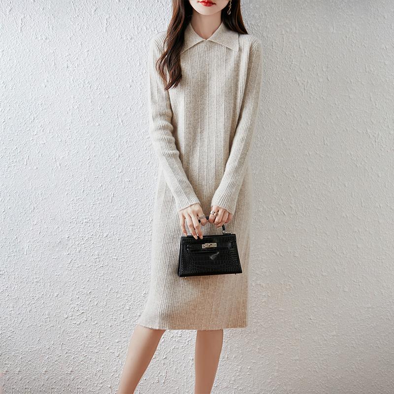 Women Sweater Dress 100% Wool MODERN NEW SAGA Turn-down Collar Knit Long Pullover Winter Jumpers Wool Long Dress Female