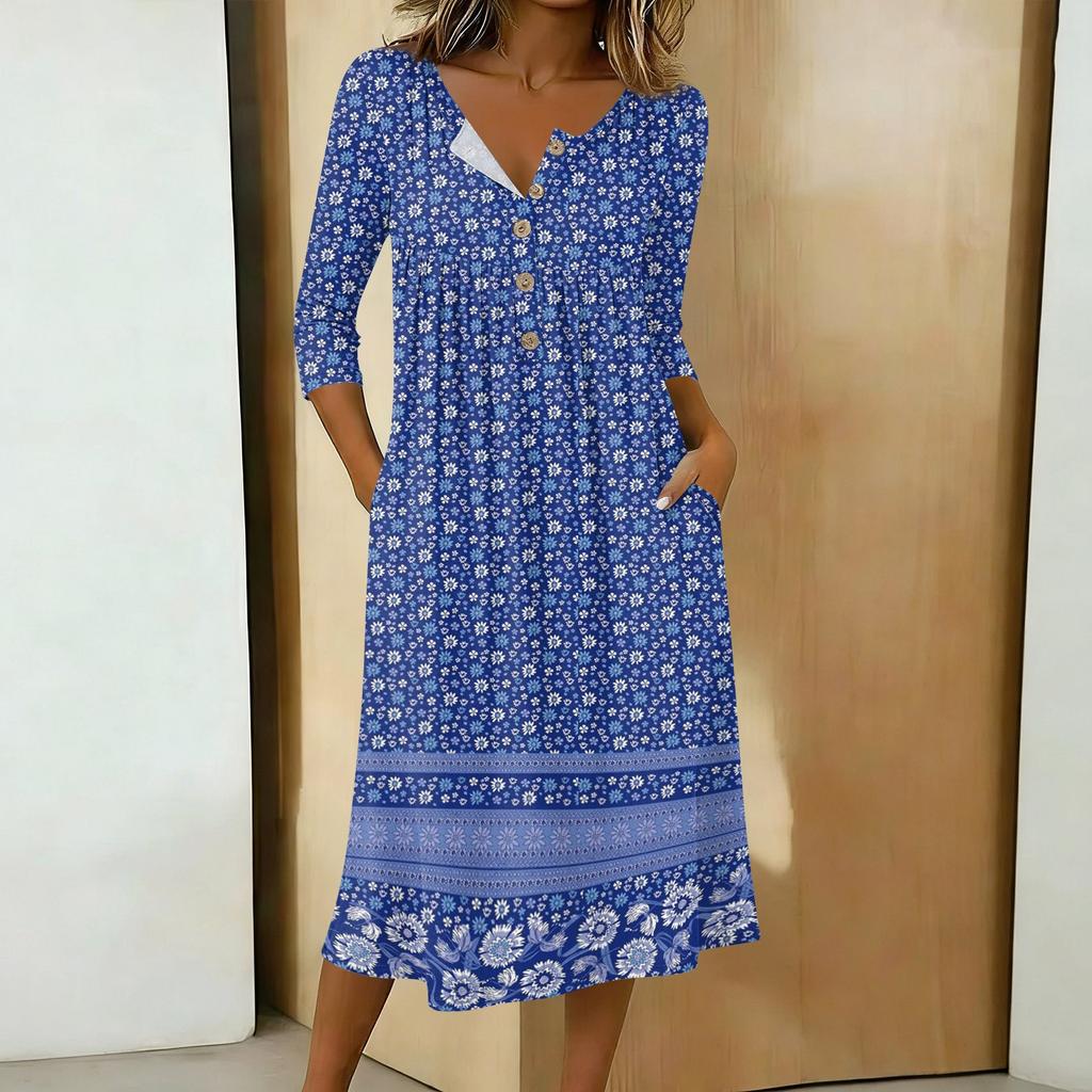 Women's Fashionable Color Printed Round Neck 3/4 Sleeve Button Collar Mid Length Casual Dress