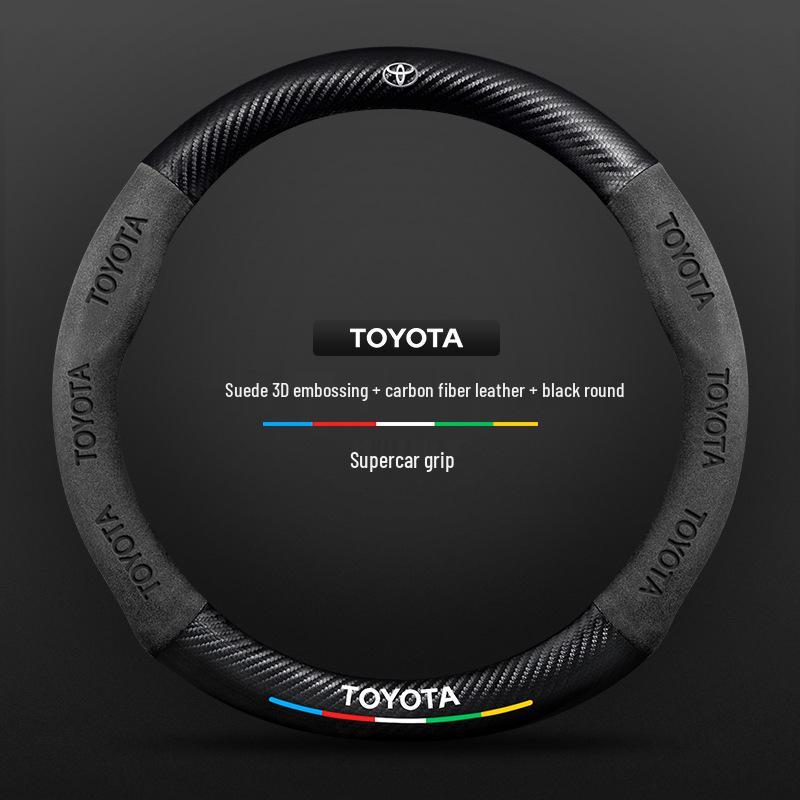 Genuine Leather & Suede Carbon Fiber Steering Wheel Cover for Toyota Camry, RAV4, Highlander, and Corolla.