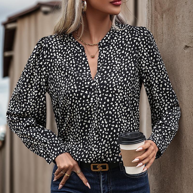 

YYFS Женская мода повседневная весна осень леопардовый принт длинный рукав V-образный вырез блузки и рубашки XL чёрный