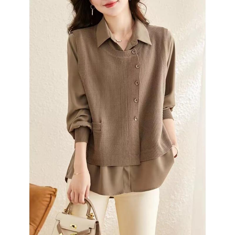 

Рубашка из двух частей для женской осенней одежды, новая свободная повседневная рубашка, куртка, модный вязаный жилет, топ с длинными рукавами XL