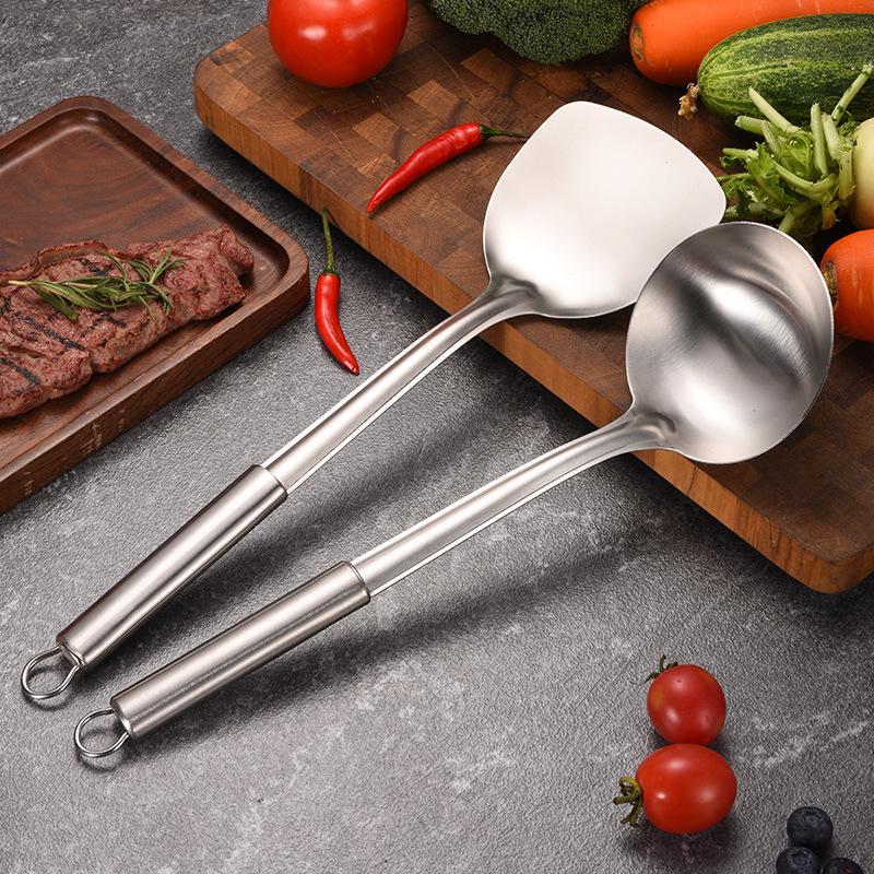 Complete Stainless Steel Kitchenware Set: Spatula, Slotted Spoon, Soup Spoon, Frying Pan Spatula, Rice Spoon, Stir-Fry Spatula