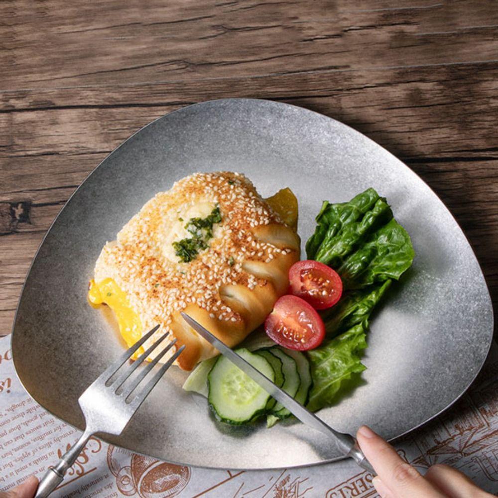 Irregular Shape Vintage Stainless Steel Meal Plate Anti-fall Unbreakable Dinner Plate Industrial Style Bone Dish Camping