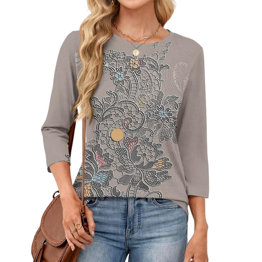 343/4 Sleeve Shirts For Women Cute Print Graphic Tees Blouses Casual Plus Size Basic Tops Pullover