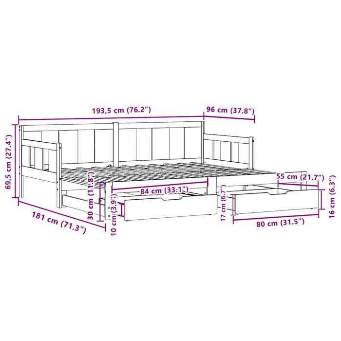 VidaXL Daybed and Trundle Bed and Drawers 90x190 Cm Solid Pine Wood, Sofa Bed, Guest Bed, Wooden Daybed, Bed 3302229