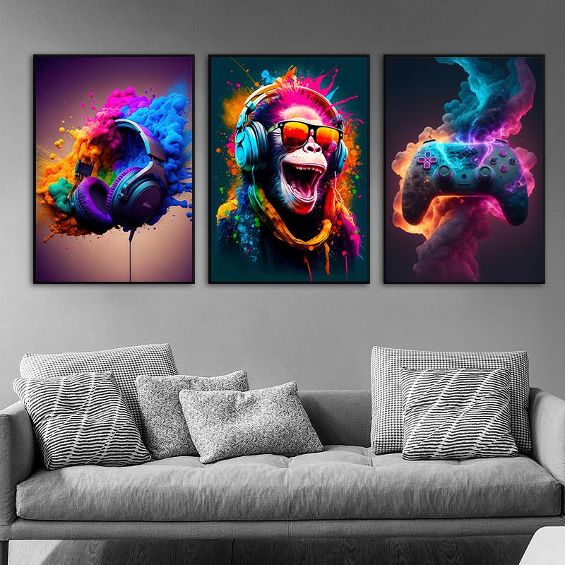 Street Pop Art Fun Animals Monkeys Wearing Headphones Posters Prints Game Handles Canvas Painting Wall Art for Home Decor
