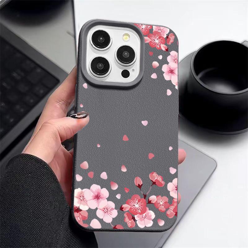 

Ударопрочный тонкий чехол с узором в виде цветка сакуры для iPhone 16, 15, Pro, Max, 14, Pro, 13, 12, 11, защита линз, текстура кожи TPU, матовый мягкий чехол для телефона iPhone 12 серый