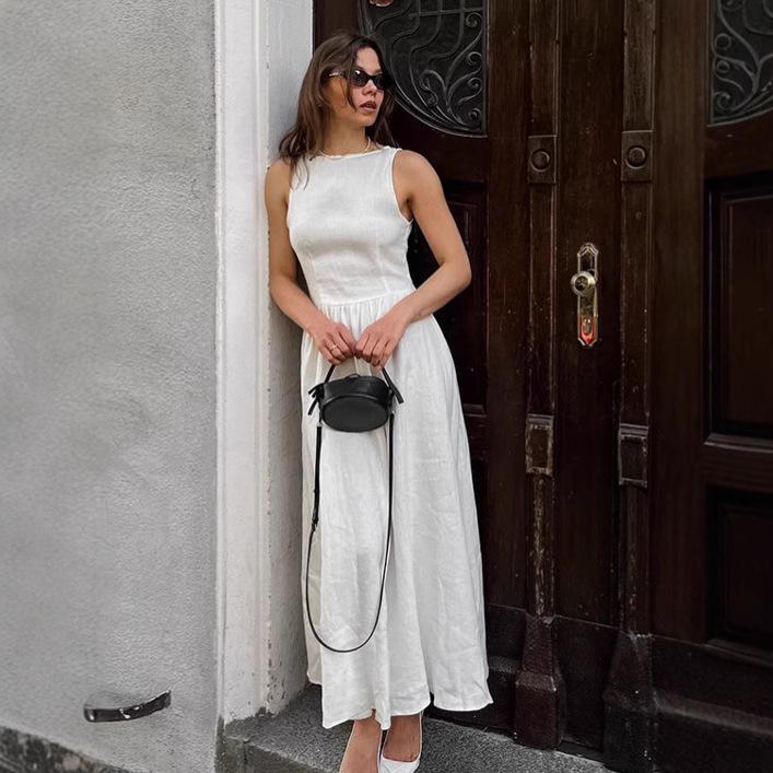 French temperament white cotton and linen vest skirt women's summer new round neck waist A pendulum skirt long skirt women's clothing