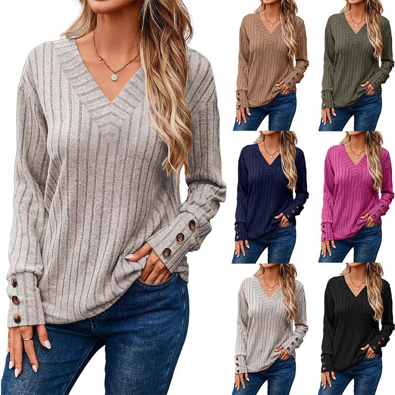 European and American Cross-border Women's Wear 2024 Autumn/winter New Women's Long-sleeve V-neck Shirt Solid Color Button T-shirt