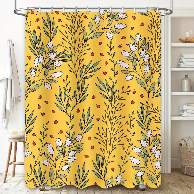 Floral Shower Curtain Decorative Bath Mat Pvc Waterproof Bathroom Decor Wall Hanging Printed Water Splatter Resistant Yellow Wit