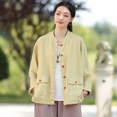 Women Vintage Shirts Stand Long Sleeve Blouses Autumn Solid Color Pockets Chinese Style Shirts