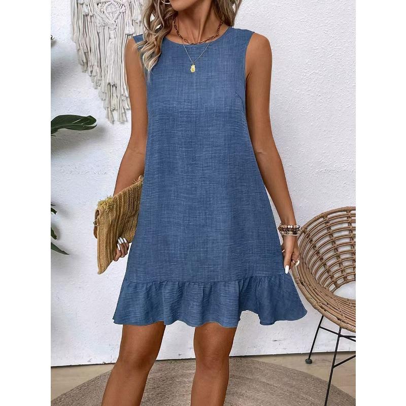 VEZFAA Women's Fashion Summer Spring Solid Color Print Sleeveless O-Neck Loose Waistlinet Casual Dresses