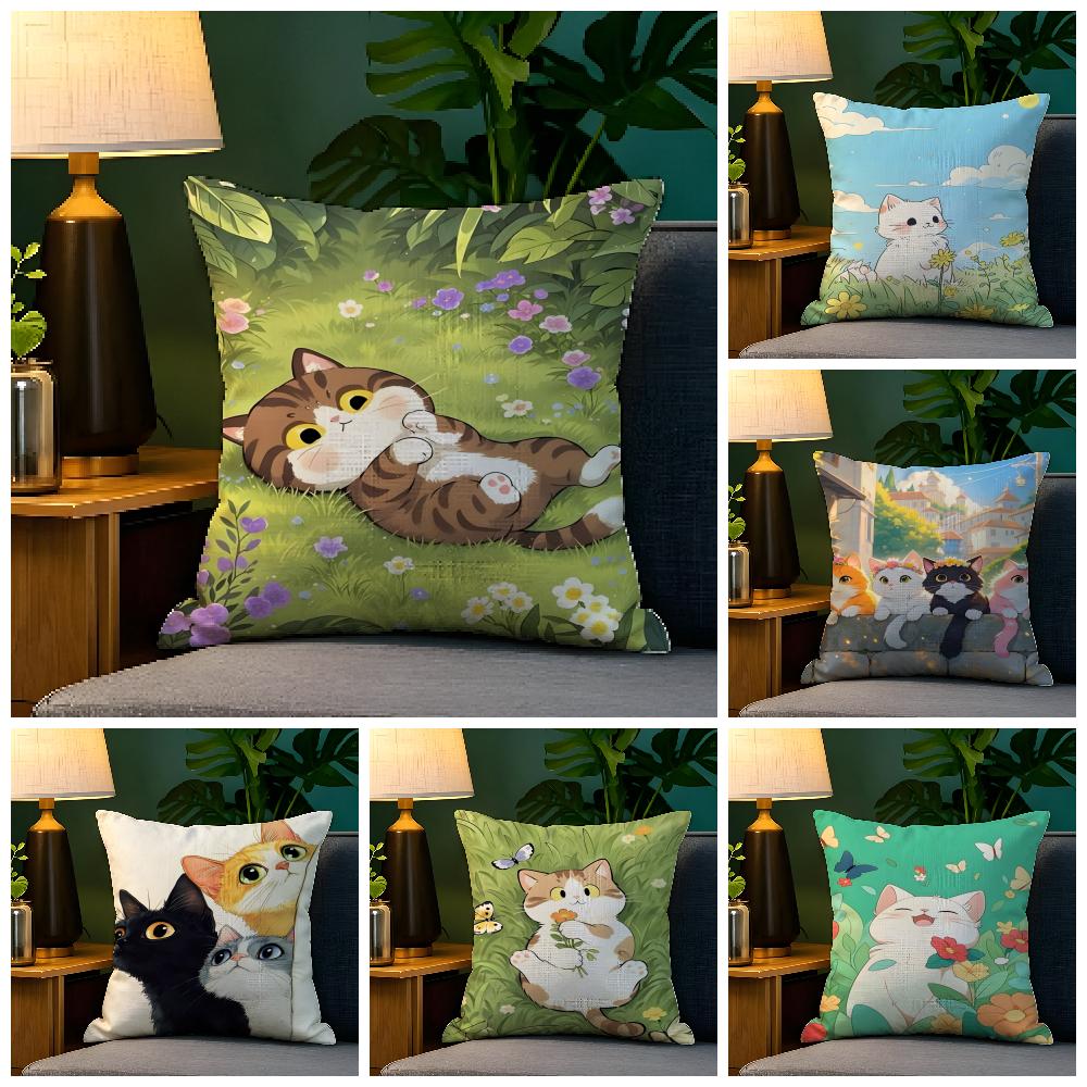 Spring Sunshine Cat Illustrations Pillow Case Natural Linen Pillow Case DoubleSided Decor Sofa Pillowcase Home Decor