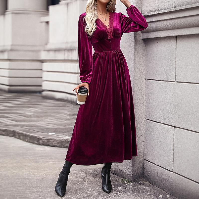 New high-end solid-color velvet long-sleeved autumn and winter dress