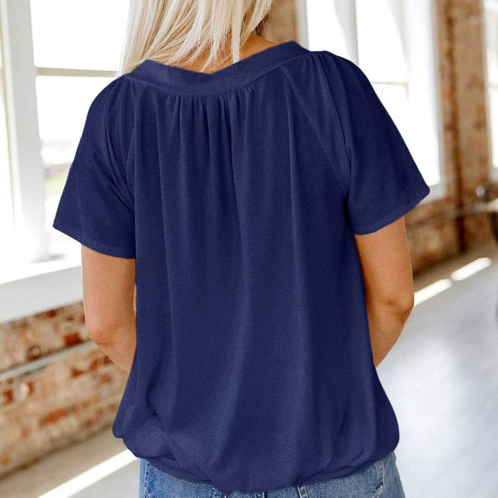 Women's Casual Color V-Neck Pleated Short Sleeved Top V-Neck Pleated Short Sleeved Top