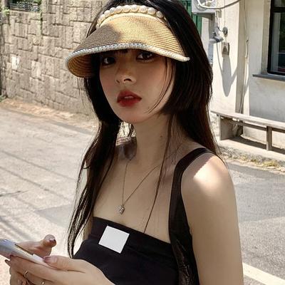 Straw Pearl Sun Hat Headband Empty Top Straw Hat Summer Hairpin No Top Duck Tongue Face Protection Sun Hat